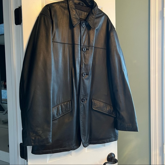 Black Leather Kenneth Cole Lined Coat Mens Size Large - Picture 2 of 15